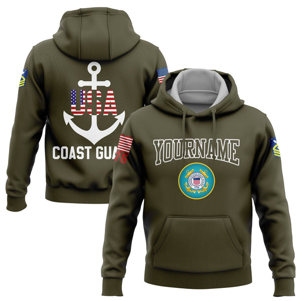 Custom Olive USA 1776 American Flag U.S Coast Guard Military Rank Name Hoodie