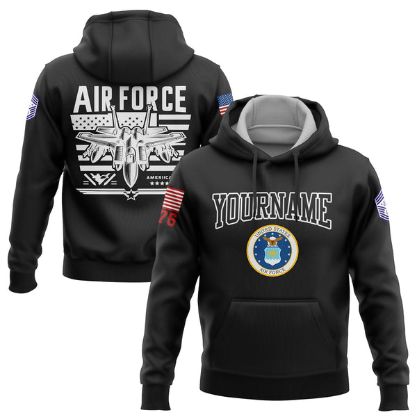 Custom Black Fighter 1776 American Flag U.S Air Force Military Rank Name Hoodie