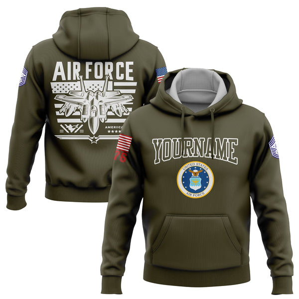Custom Olive Fighter 1776 American Flag U.S Air Force Military Rank Name Hoodie