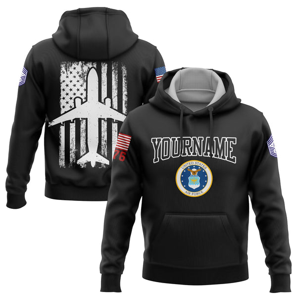 Custom Black Fighter 1776 American Flag U.S Air Force Military Rank Name Hoodie