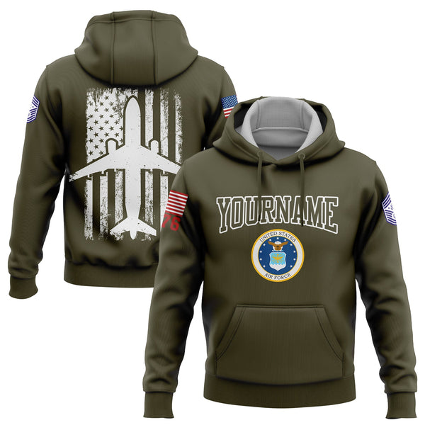 Custom Olive Fighter 1776 American Flag U.S Air Force Military Rank Name Hoodie