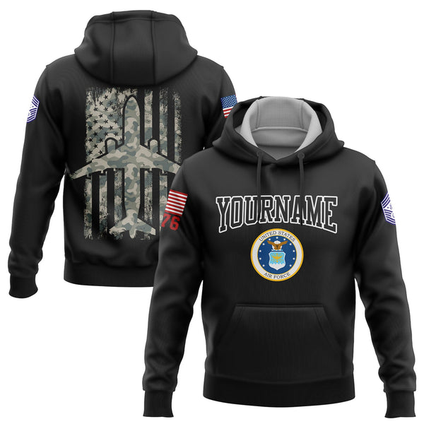 Custom Black Fighter 1776 American Flag U.S Air Force Military Rank Name Hoodie
