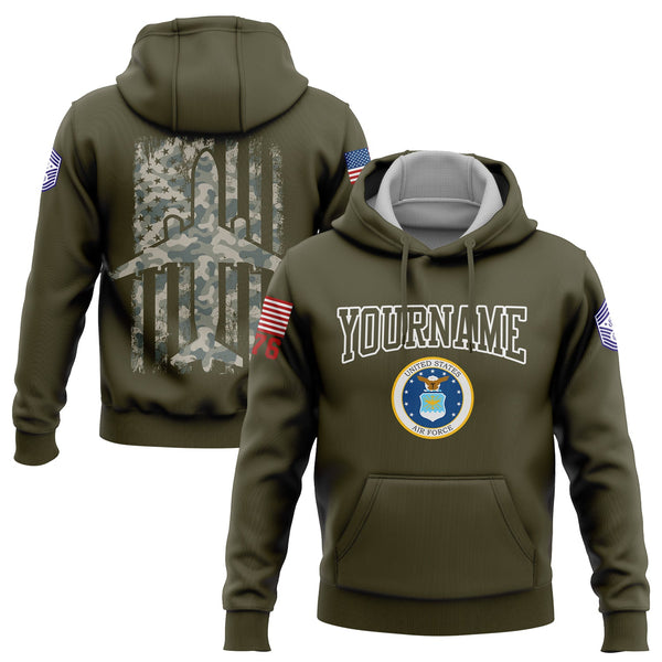 Custom Olive Fighter 1776 American Flag U.S Air Force Military Rank Name Hoodie