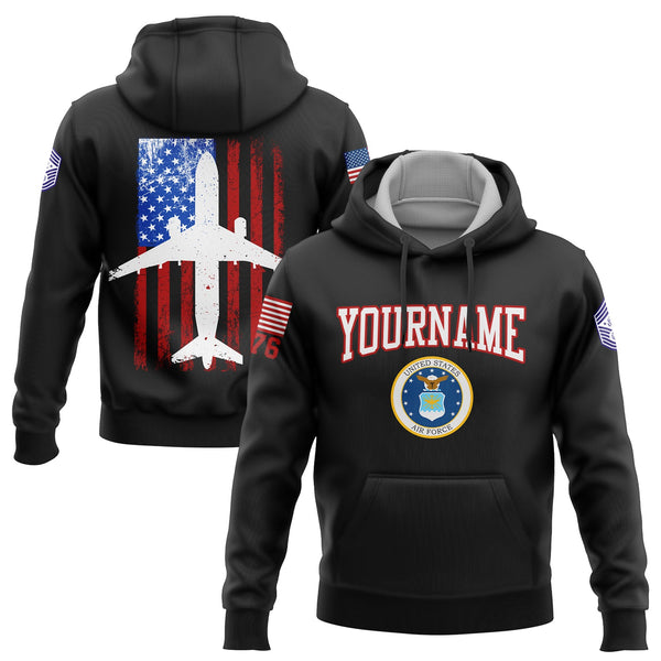 Custom Black Fighter 1776 American Flag U.S Air Force Military Rank Name Hoodie