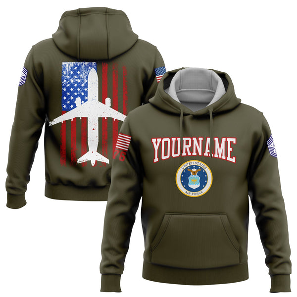 Custom Olive Fighter 1776 American Flag U.S Air Force Military Rank Name Hoodie