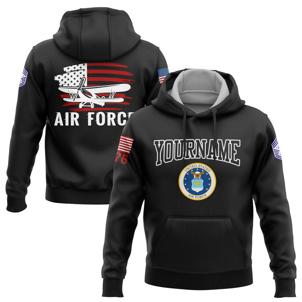 Custom Black Fighter 1776 American Flag U.S Air Force Military Rank Name Hoodie