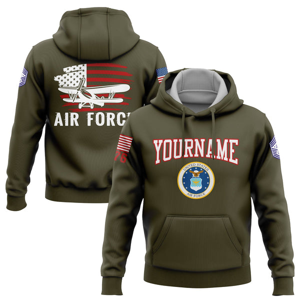 Custom Olive Fighter 1776 American Flag U.S Air Force Military Rank Name Hoodie