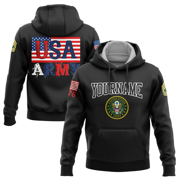 Custom Black USA 1776 American Flag U.S Army Military Rank Name Hoodie