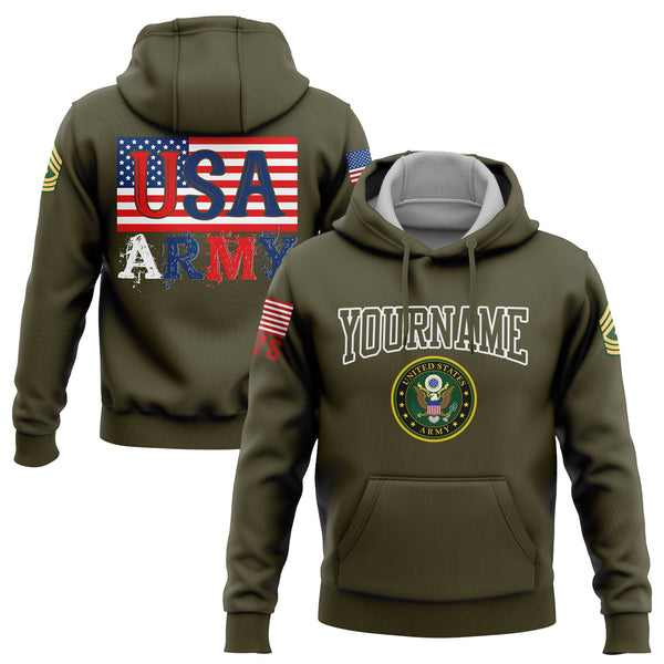 Custom Olive USA 1776 American Flag U.S Army Military Rank Name Hoodie