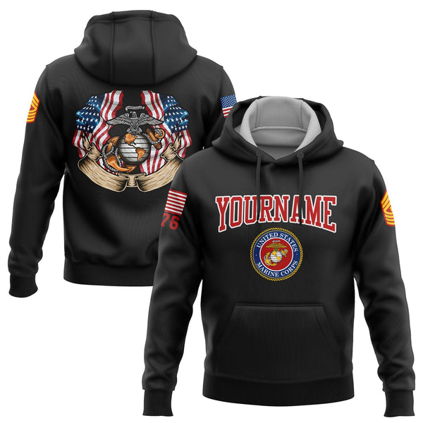 Custom Black 1776 American Flag U.S Marine Corps Military Rank Name Hoodie