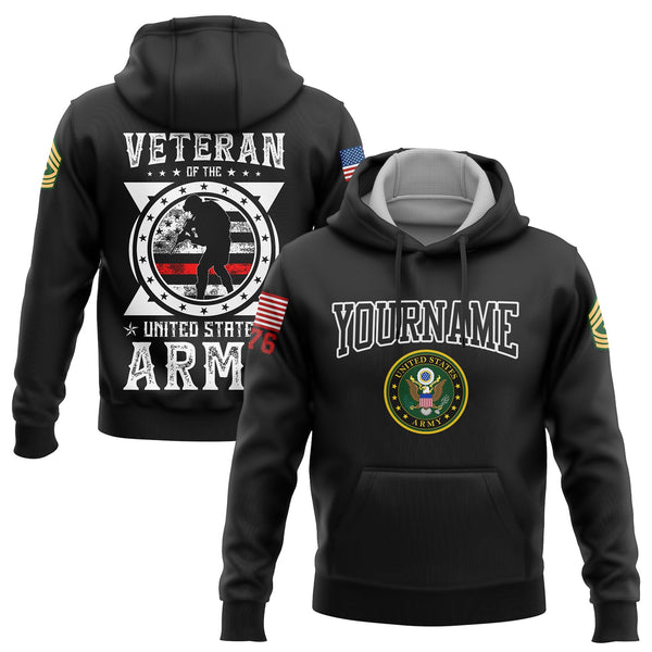 Custom Black Veteran 1776 American Flag U.S Army Military Rank Name Hoodie
