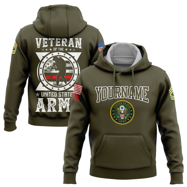 Custom Olive Veteran 1776 American Flag U.S Army Military Rank Name Hoodie