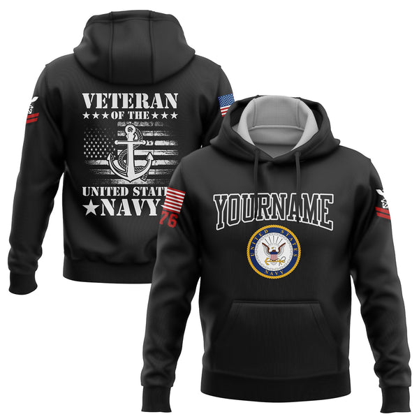 Custom Black Veteran 1776 American Flag U.S Navy Military Rank Name Hoodie
