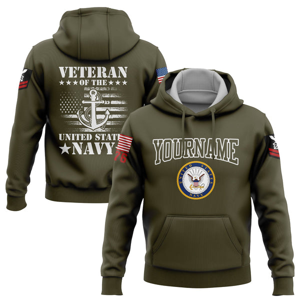 Custom Olive Veteran 1776 American Flag U.S Navy Military Rank Name Hoodie