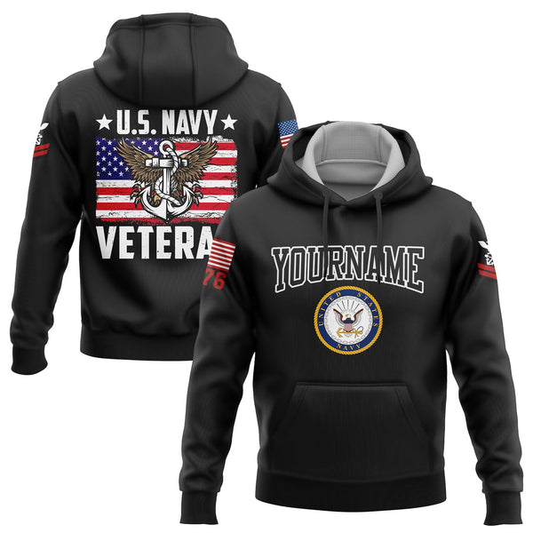 Custom Black Veteran 1776 American Flag U.S Navy Military Rank Name Hoodie