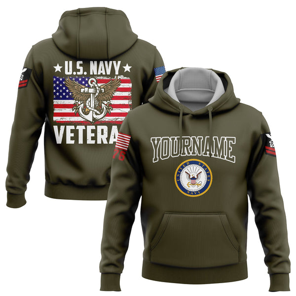 Custom Olive Veteran 1776 American Flag U.S Navy Military Rank Name Hoodie