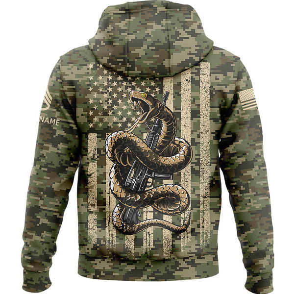 Custom Camo Snake American Flag U.S. Army Military Staff Sergeant Rank Veteran Name Memorial Day Name Hoodie | Father's Day Gifts