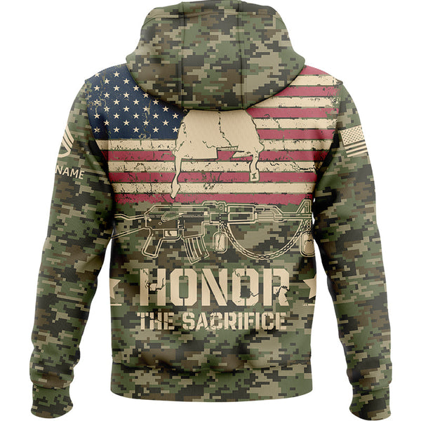 Honor The Sacrifice Custom Camo American Flay U.S. Army Military Staff Sergeant Rank Veteran Name Memorial Day Hoodie | Father's Day Gifts