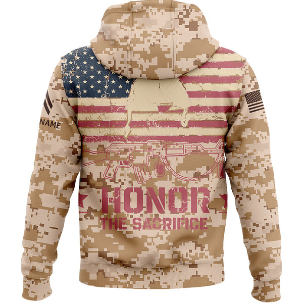 Honor The Sacrifice Custom Camo American Flay U.S. Army Military Corporal Rank Veteran Name Memorial Day Hoodie | Father's Day Gifts