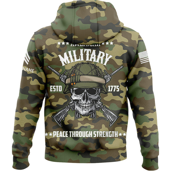 Custom Camo Skull Peace Through Strength 1775 U.S Army Military Sergeant Rank Name Hoodie | Father's Day Gifts