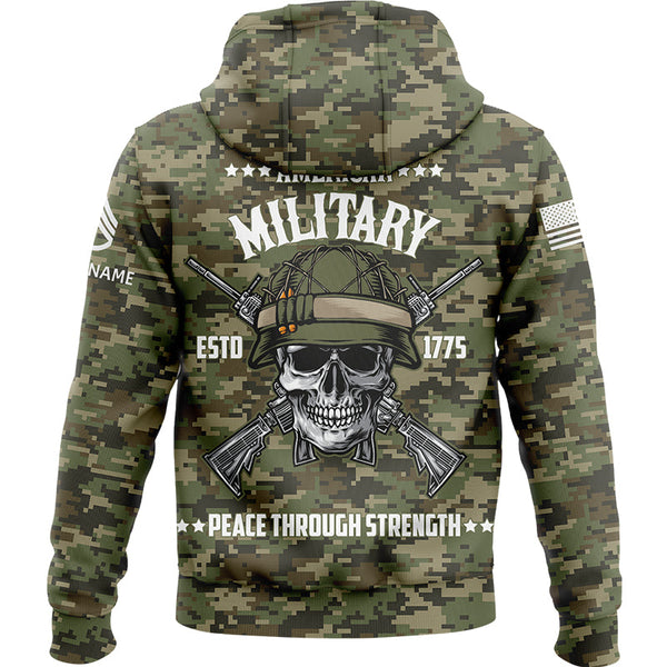 Custom Camo Skull Peace Through Strength 1775 U.S Army Military Staff Sergeant Rank Name Hoodie | Father's Day Gifts