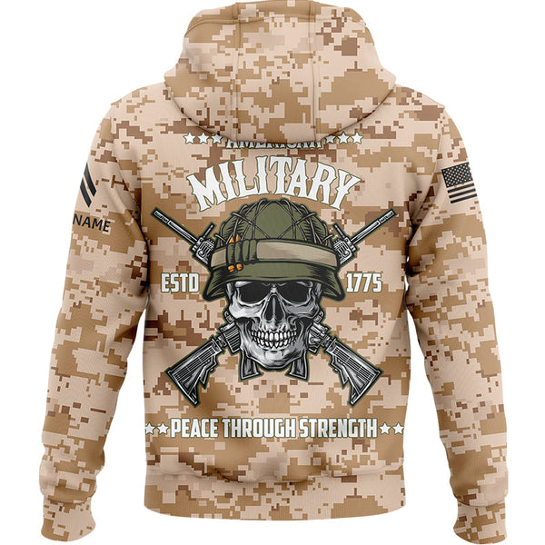 Custom Camo Skull Peace Through Strength 1775 U.S Army Military Corporal Rank Name Hoodie | Father's Day Gifts