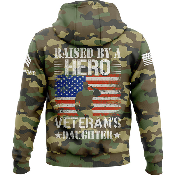 Custom Camo Raised By A Hero Flag U.S Army Military Sergeant Rank Name Veterans Day Hoodie | Father's Day Gifts