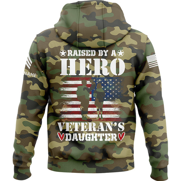 Custom Camo Raised By A Hero Veteran's Daughter Flag U.S. Army Military Sergeant Rank Name Veterans Day Hoodie | Father's Day Gifts