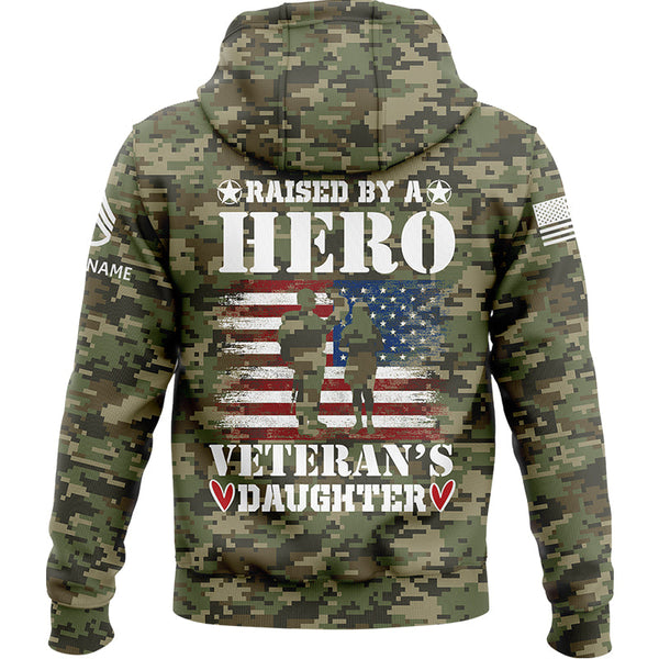 Custom Camo Raised By A Hero Veteran's Daughter Flag U.S. Army Military Staff Sergeant Rank Name Veterans Day Hoodie | Father's Day Gifts