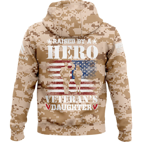 Custom Camo Raised By A Hero Veteran's Daughter Flag U.S. Army Military Corporal Rank Name Veterans Day Hoodie | Father's Day Gifts