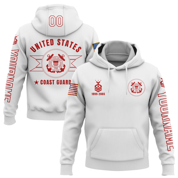 Custom White U.S Coast Guard Military Rank Veteran Name Number Hoodie
