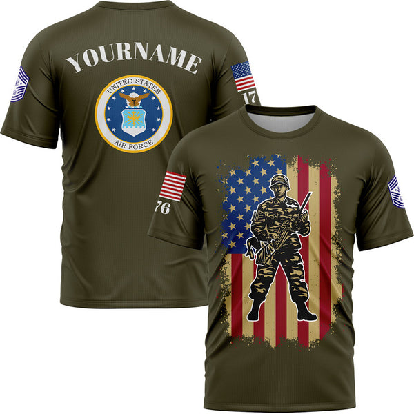 Custom Olive 1776 American Flag U.S Air Force Military Rank Name T-Shirt