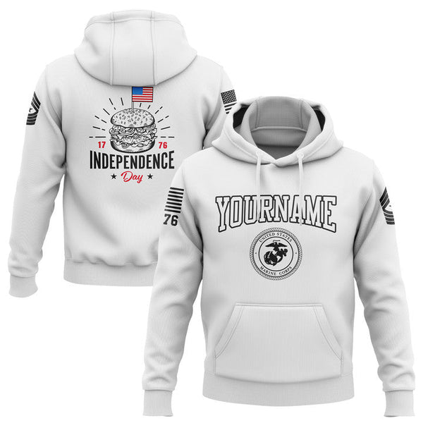 Custom White Hamburger American Flag Military Rank Name Independence Day Hoodie | Father's Day Gifts